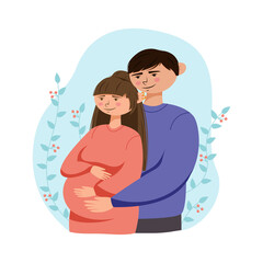 Happy family or couple hugging their baby in the woman's belly. The man carefully embraced the pregnant woman. The concept of pregnancy, motherhood, family. Happy mum. Pregnant belly view.