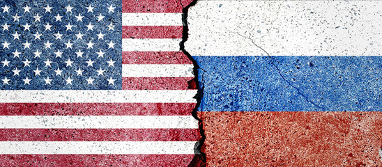 Flags of Russia and USA. No war. Peace. Relationship between USA and Russia. Sanctions.