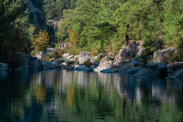 Fototapeta na wymiar autumn mountain landscape with shady lake in the valley