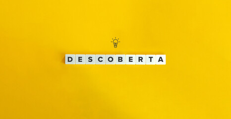 Descoberta (Discovery in Portuguese) Banner. Letter Tiles on Yellow Background. Minimal Aesthetics.