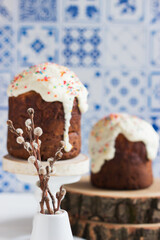 Russian traditional easter bread egg pussy-willow spring.