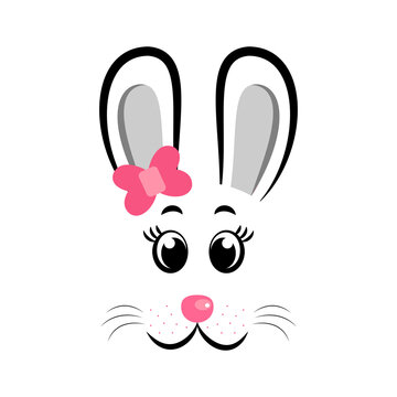 Kawaii Bunny face with pink bow. Vector illustration. Rabbit symbol of 2023 year. Design for Easter, New year 