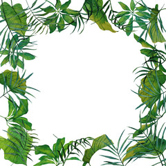 Watercolor frame with of tropical leaves of palm, schefflera. Hand-drawn elegance templates perfect for wedding postcards, design of invitations, poster, banner, decoration.