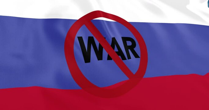 Russia flag waving 3d animation with No War text and symbol. The Russian flag. Stop the war concept. Seamless looping 4k