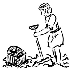 Biblical times man finds treasure in cultivated field, Biblical parable, black outline