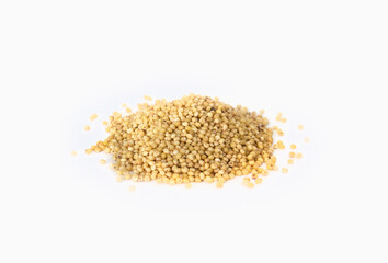 Millet Seeds in Pile or Heap that are Organically Grown and Hulled in 3/4 View or Point of View Shot Isolated on White