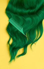 Unusual bright green natural hair colored with pigments on yellow. Beauty salon background for stories.