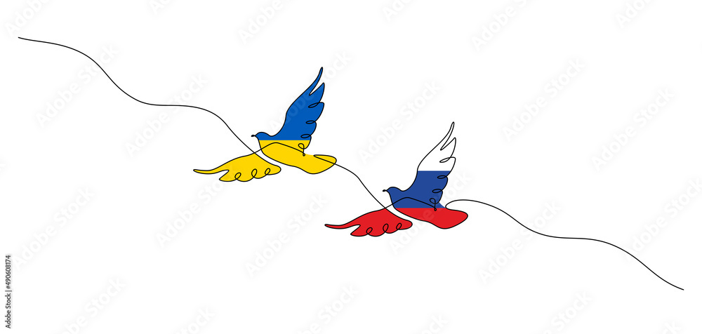 Poster one continuous line drawing of two dove for support ukraine. flying birds symbol in country flag col