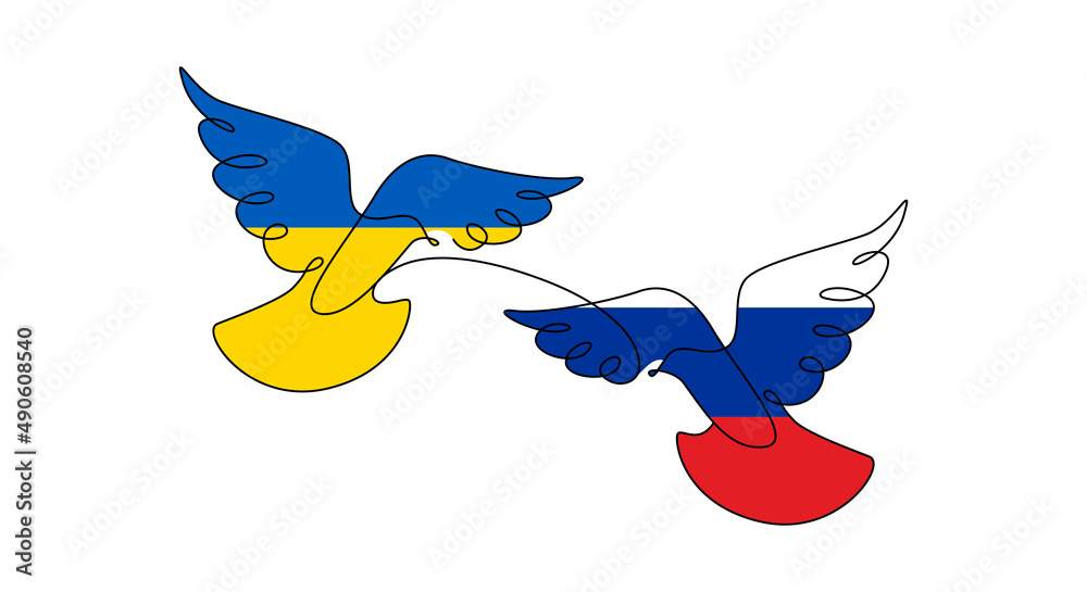 Poster one continuous line drawing of two dove for support ukraine. flying birds symbol in country flag col