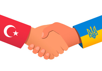 Handshake between Turkey and Ukraine as a symbol of financial or political relations and assistance. Vector illustration EPS 10