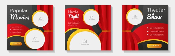 Movie cinema theater social media post, banner set, film party night advertisement concept, cinematic curtain marketing square ad, abstract print, isolated on background