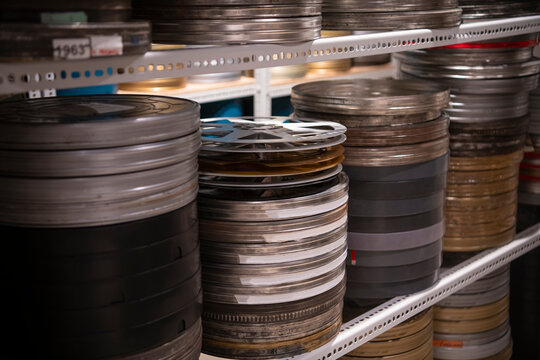 Film Reels For Old Vintage Cinema Movie Projector In Video Library.
