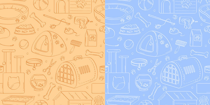 Pet Care Accessory. Vector Seamless Pattern Of Pet Toys, Bed, Food, Care Items, Supplies, Snacks. Cartoon Products For Cat And Dog. Domestic Animals Illustration For Vet Store, Shop, Grooming