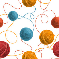 Seamless pattern with balls of wool. Colored skeins of thread - bright print repeat. Vintage illustration on white backdrop. Handmade art illustration. 