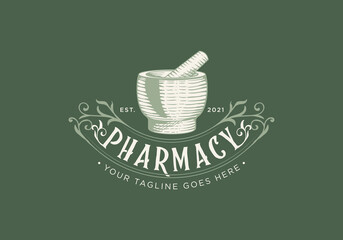 Pharmacy vintage logo with mortar and pestle engraving line illustration, classic pharmacy logo with elegance ornament hand drawn in dull green background, swirls, leaf, floral, woodcut, swashes - obrazy, fototapety, plakaty