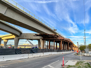 Bracing and support in place for a overhead freeway construction project