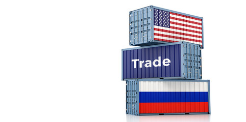 Cargo containers with Russia and USA national flags. 3D Rendering 