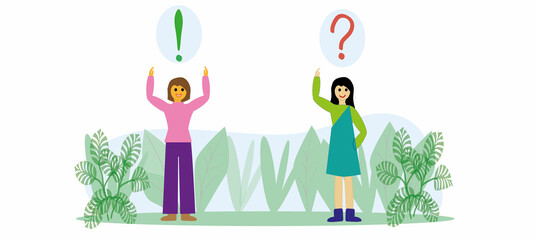fashionable girls, different expressions, question, idea, female characters, flat cartoon illustration