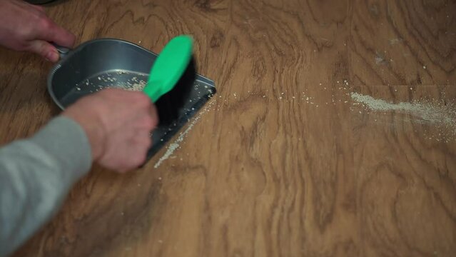 man's hands with a brush collect dust from the cat's litter box