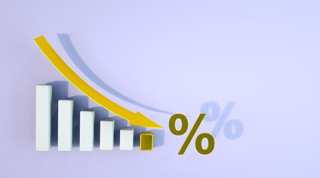 Declining graph with golden arrow going down. Market investment trading, exchange, 3D rendering.  Financial market crash icon  isolated, financial, index, forex, drop, decline.