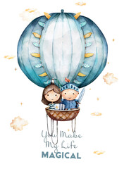 prince and princess, mystical story, balloons, outdoor activities, castle, rainbow, sunny day vintage style watercolor, pastel color watercolor set © Anna Terleeva