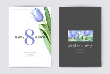 Elegant 8 march woman's day, Mother's Day greeting card, poster, banner template. Vector purple violet tender tulip flower floral bouquet frame,  stylish design. Greeting postcard watercolor art print