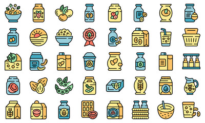 Vegetable milk icons set outline vector. Soy almond. Coconut soya