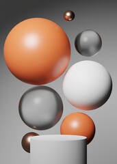 Minimalist orange and white geometric pedestal or podium for product showcase background. Spheres backdrop. Empty template. Cylinder shape. Blank stage. Mock up, display. 3d render illustration