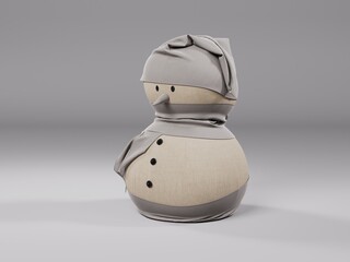 An image of a snowman on a uniform background, 3D rendering