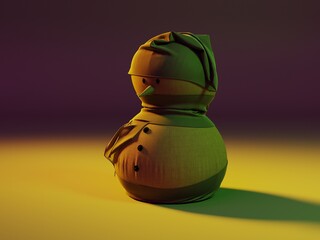 An image of a snowman on a uniform background, 3D rendering
