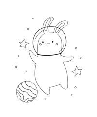 Cute space rabbit, stars and planet. Kawaii cartoon bunny. Black and white vector illustration for coloring book.