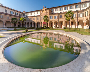 Cherasco, Cuneo, Italy - October 27, 2021: Monastery of Somaschi Fathers, the internal courtyard...