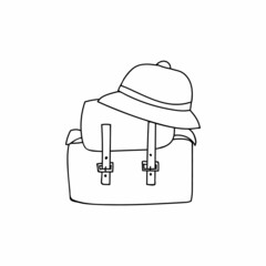 Doodle haversack with bucket hat icon in vector. Hand drawn haversack with bucket hat icon in vector