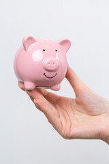3d pink piggy bank in the beautiful hands of a girl..Close-up photo on a white background.