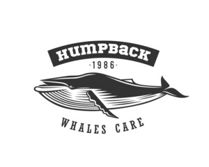 Fototapeta premium Humpback. Whale. Black and white emblem.