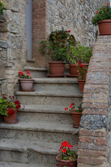 Fototapeta na wymiar Tuscan stone house decorated with flowers pots near Montalcino, Tuscany, Italy.