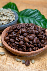 Green un-roasted and brown roasted coffee beans from Africa coffee producing region, cultivating in Ethiopia, Ivory Coast, Uganda, Kenya, Rwanda and Tanzania