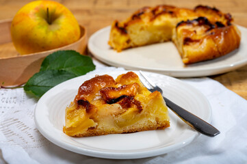 Baked apple cake with almond frangipani custard close up