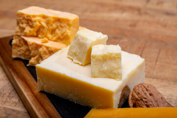 British cheeses collection, Scottish coloured and English matured cheddar cheeses