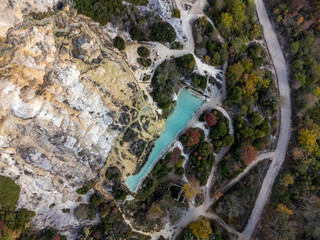 Aerial view on free hot thermal springs and pool in nature park Dei Mulini, Bagno Vignoni, Tuscany, Italy