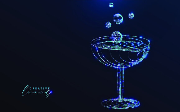 Champagne glass with stars and lines. Drink, neon effect, starry in the universe. Futuristic model, big data, ai, contemporary technology.