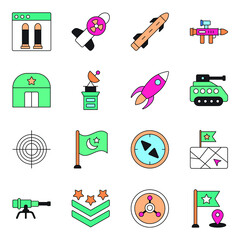 Pack of Military Equipment Flat Icons

