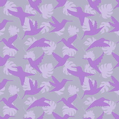 Hand drawn hummingbirds and leaves silhouette seamless pattern. Perfect for T-shirt, textile and print. Doodle illustration for decor and design.