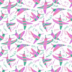 Hand drawn festive hummingbirds seamless pattern. Perfect for T-shirt, poster, greeting card and print. Doodle illustration for decor and design.