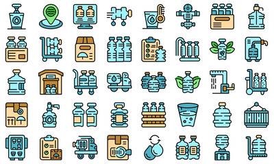 Water delivery icons set outline vector. Cooler gallon. Bottle delivery