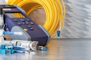 Close-up equipment for professional testing measuring and cleaning of fiber optic connections in IT...