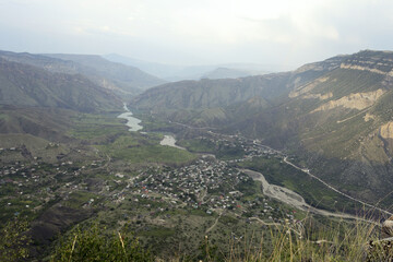 View of the surrounding area of Gunib village. Valley of the Karakaisu river, Dagestan, Russia.