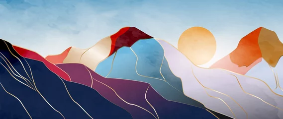 Poster Luxe landschapskunst achtergrond met gouden lijnen. Vectorbanner met heuvels, bergen en zon voor decoratie, behang, verpakking, stof © VectorART