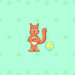 Vector isolated fox holding a blue and yellow colored thermos with the same colored backpack for travelling besides, located on blue background decorated by painted in blue and yellow flower pattern.