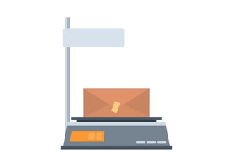 Paper box on digital weighing machine. Simple flat illustration.